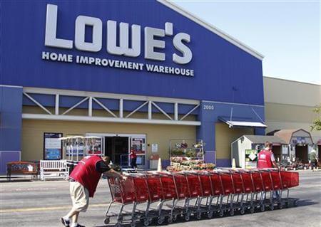 Lowe's workers collect shopping carts in the parking lot at the Lowe's Home Improvement Warehouse in Burbank