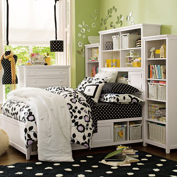 green-dorm-room-design-with-rug-black-spots-Pbteen-dorm-room-design